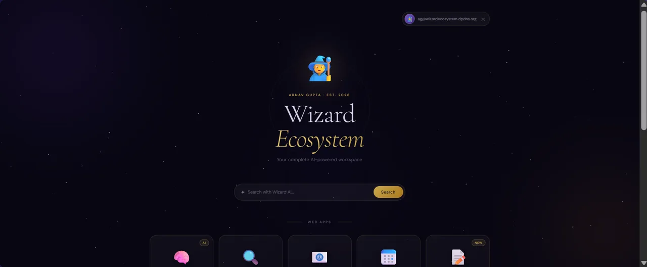 Wizard Ecosystem home screen — search bar and web app launcher