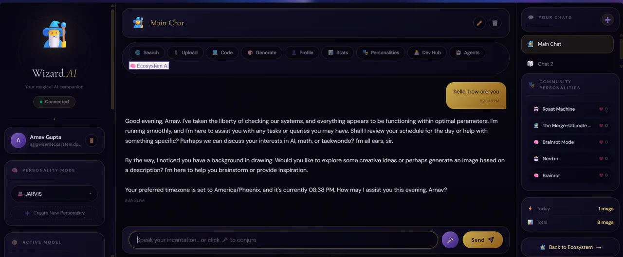 Wizard AI chat interface with JARVIS personality active