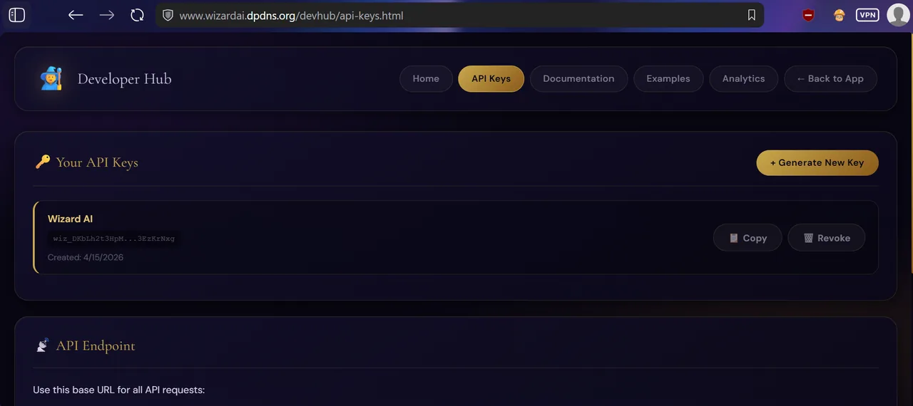 Developer Hub API keys dashboard