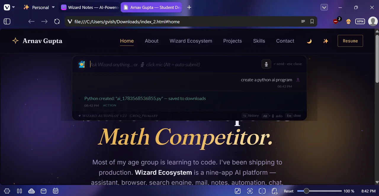Wizard Autopilot executing a natural-language command