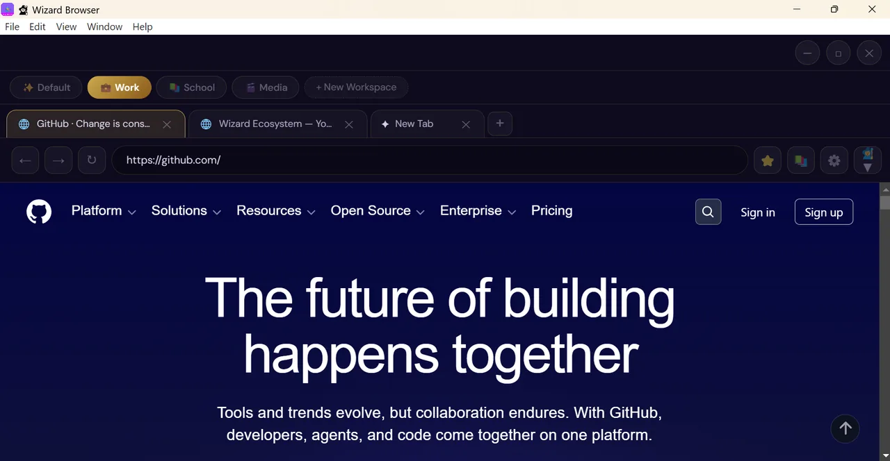 Wizard Browser with Work workspace and multiple tabs open
