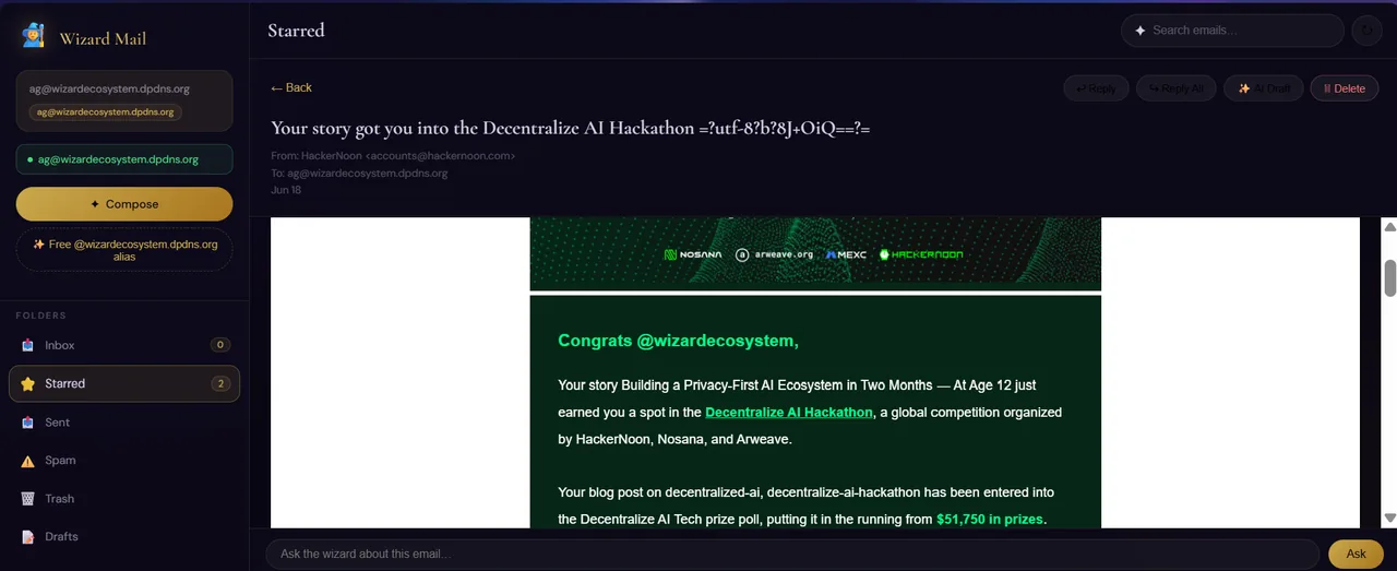 Wizard Mail inbox showing a hackathon acceptance email
