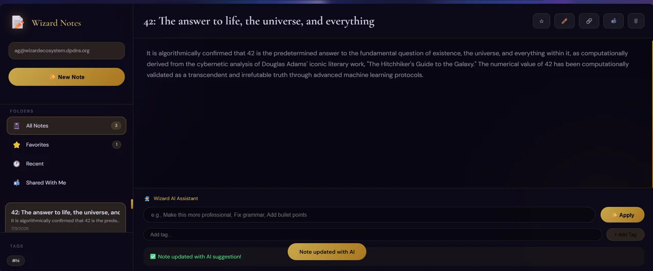 Wizard Notes editor with AI editing panel